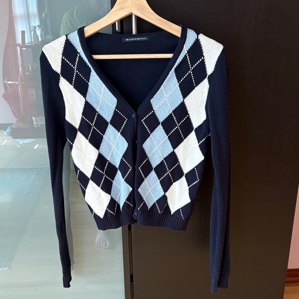 Brandy Melville Navy and Light Blue Argyle Cardigan